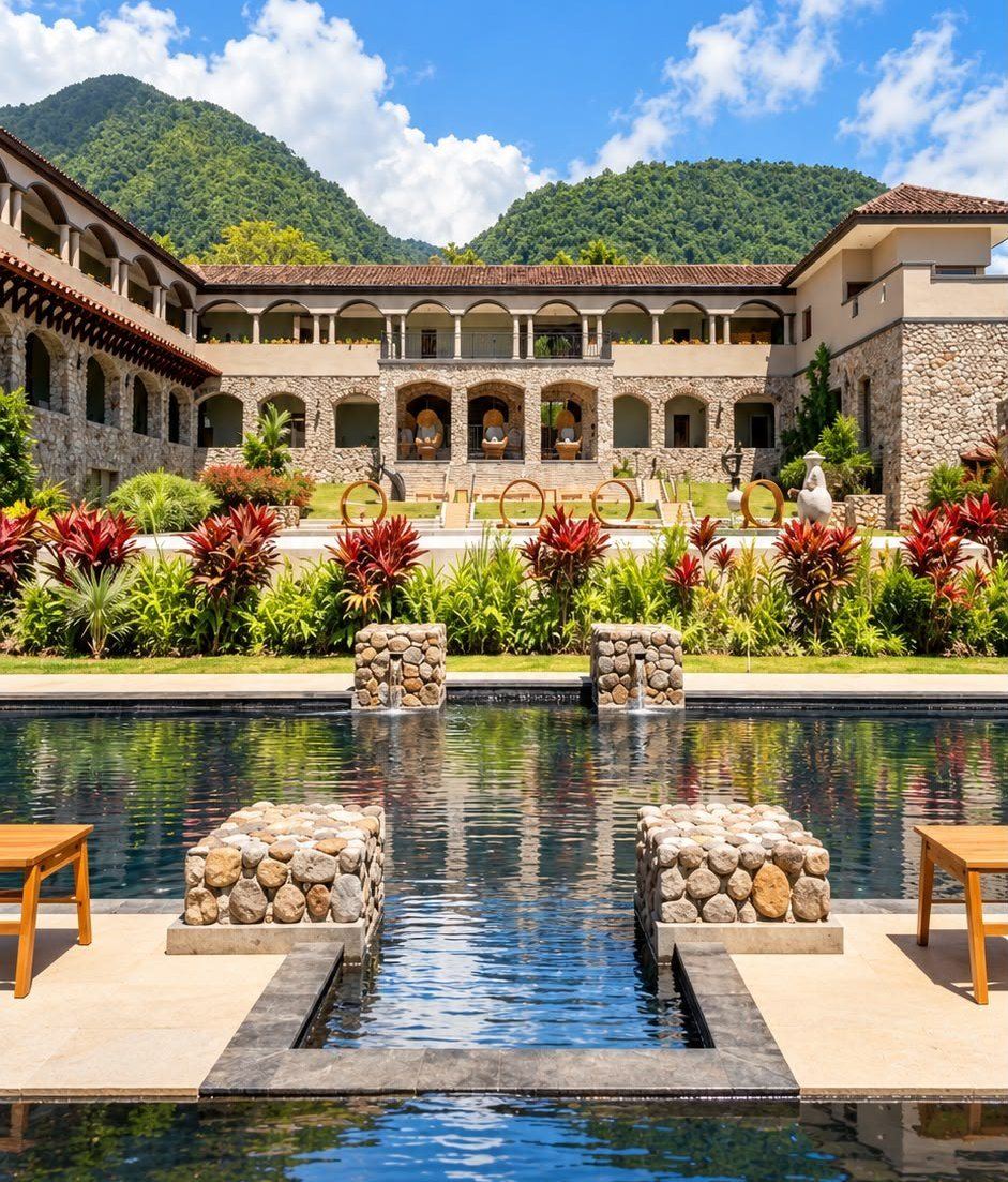 The hotel courtyard and reflecting pools beneath green mountains