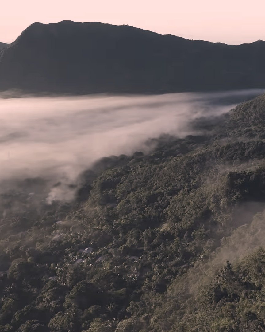 Mist filling the green valley of El Valle beneath the mountain at dusk