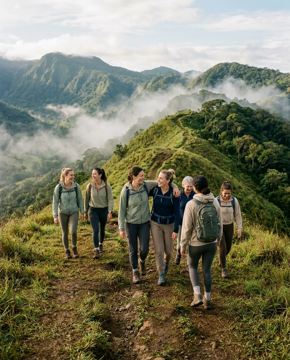 A group of women walking and laughing together on a green ridge trail above the misty valley
