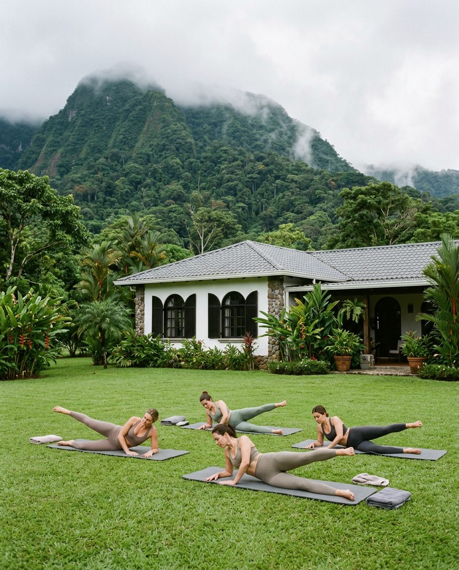 Women in a side-lying Pilates leg lift on mats on the garden lawn, a white villa and misty mountain behind