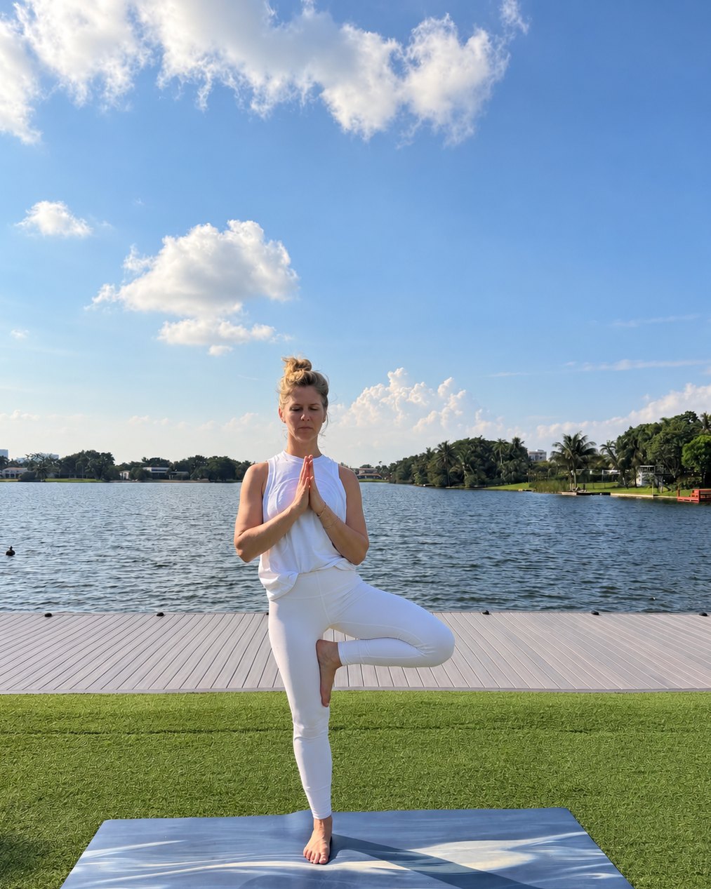 Saar in white, in tree pose by the lake under a blue sky, hands at her heart, eyes closed